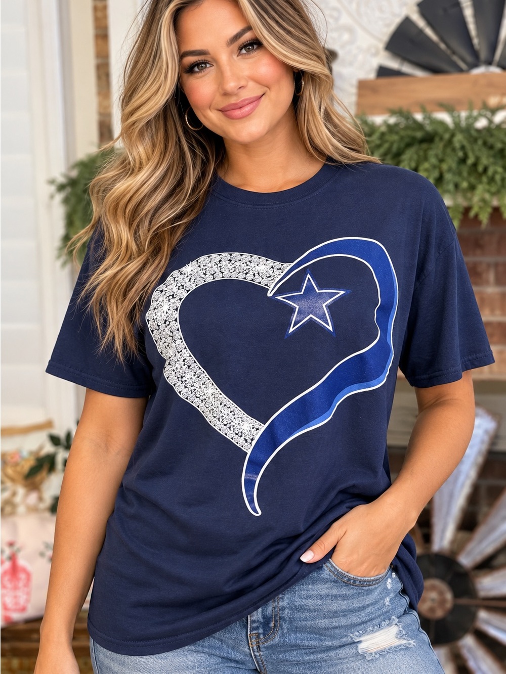 Navy Blue Heart Star Graphic T Shirt Gildan Heavy Cotton Size L